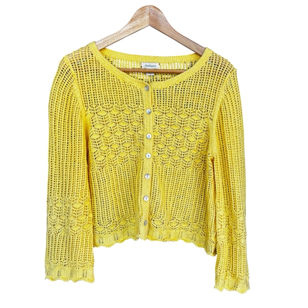 Sundance Women PM Cardigan Sweater Cotton Crochet Yellow Bell Sleeve Cottage